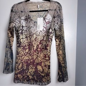 Lindi Redish/Brown & Gold Crinkly Long Bell Half Lace Sheer Sleeves Blouse NWT M